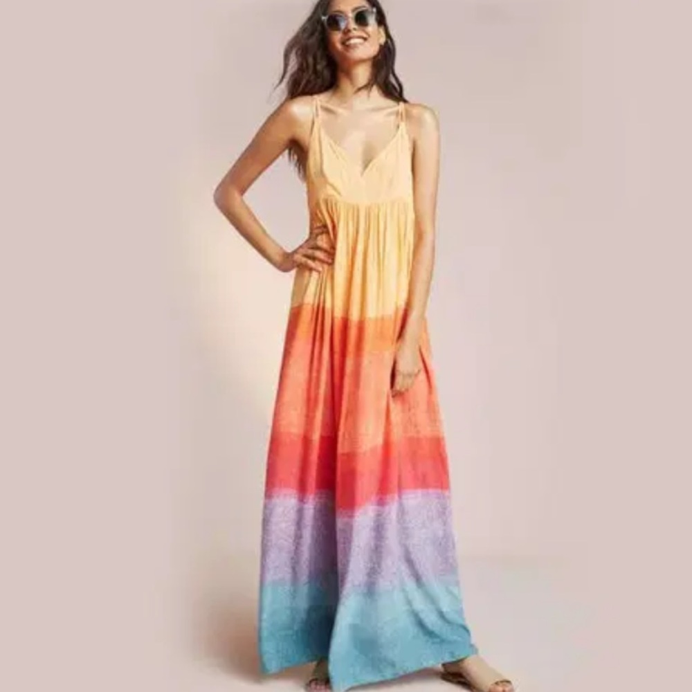 Anthropologie Carla Weeks Setting Sun rainbow sunset tiered maxi dress, 6P. - Picture 2 of 10